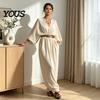 Elegant Casual Dress Women's Batwing Long Sleeve Maxi Dress, V Neck Flowy Versatile Women Summer Travel Vacation Loose Outfit with Belt Beach