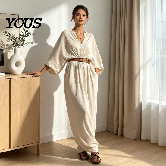 Elegant Casual Dress Women's Batwing Long Sleeve Maxi Dress, V Neck Flowy Versatile Women Summer Travel Vacation Loose Outfit with Belt Beach