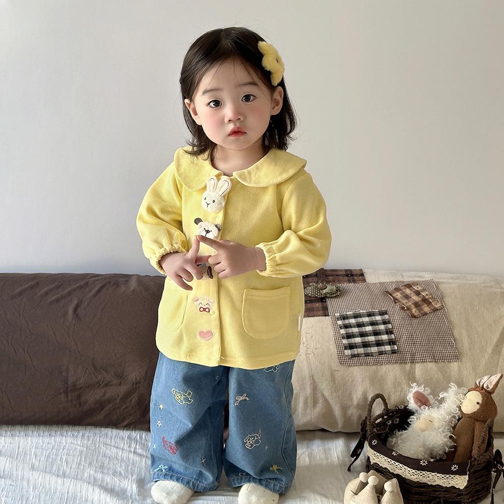 2025 Girls' Korean Style Peter Pan Collar Cardigan - Fashionable Spring/Autumn Baby Outerwear Top Set