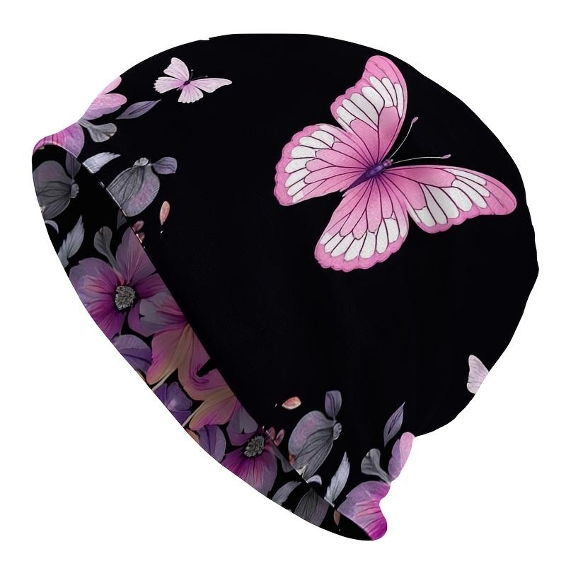 1pc of Casual Outdoor-style Knitted Hat with Butterfly and Floral Theme - Romantic Pink-purple Butterfly and Floral Pattern, Durable Knitted Fabric, C