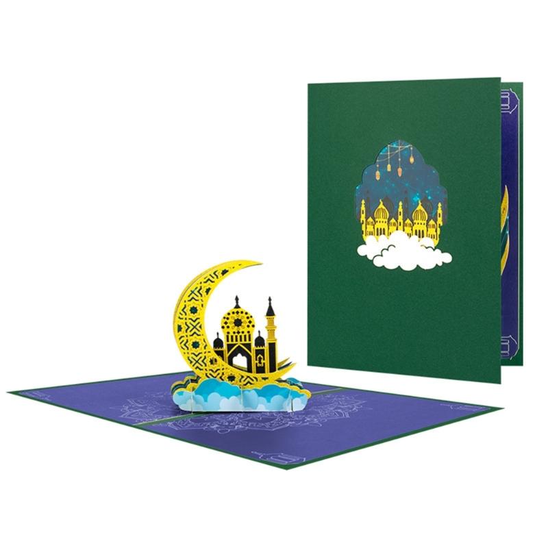 Festive 3D Eid Card Creative Popup Holiday Greeting Cards Built-in Blank Space with Envelope Small Card Party Supplies