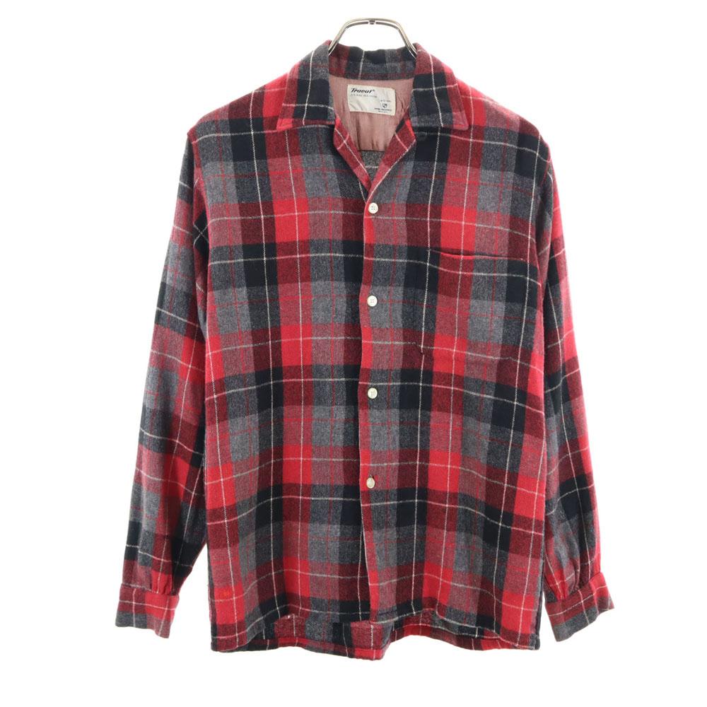 Truval 50s 60s Open Collar Vintage Box Silhouette Rayon Check Pattern Long Sleeve Open Collar Shirt Men's Used