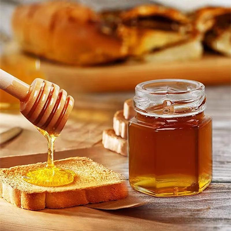 Hexagon Mini Glass Honey Jars 20 Sets Honey Bottle with Lid and Stirring Stick Blueberry Jam Container for Party Guests Gifts