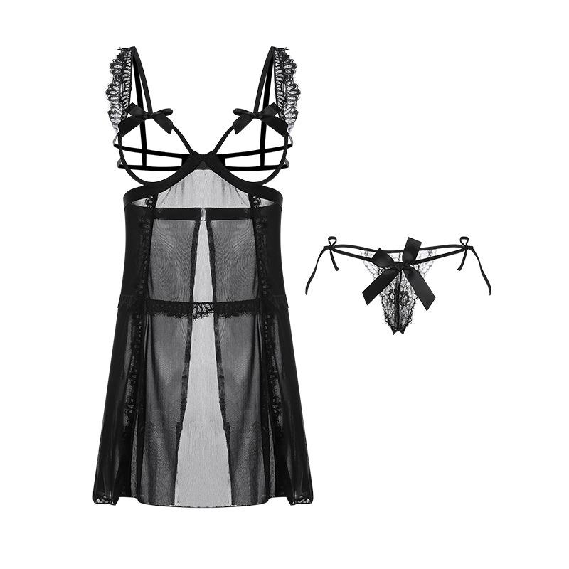 Women's Sheer Mesh Cutout Underwire Push Up Back Slit Sleep Dress Lingerie Set