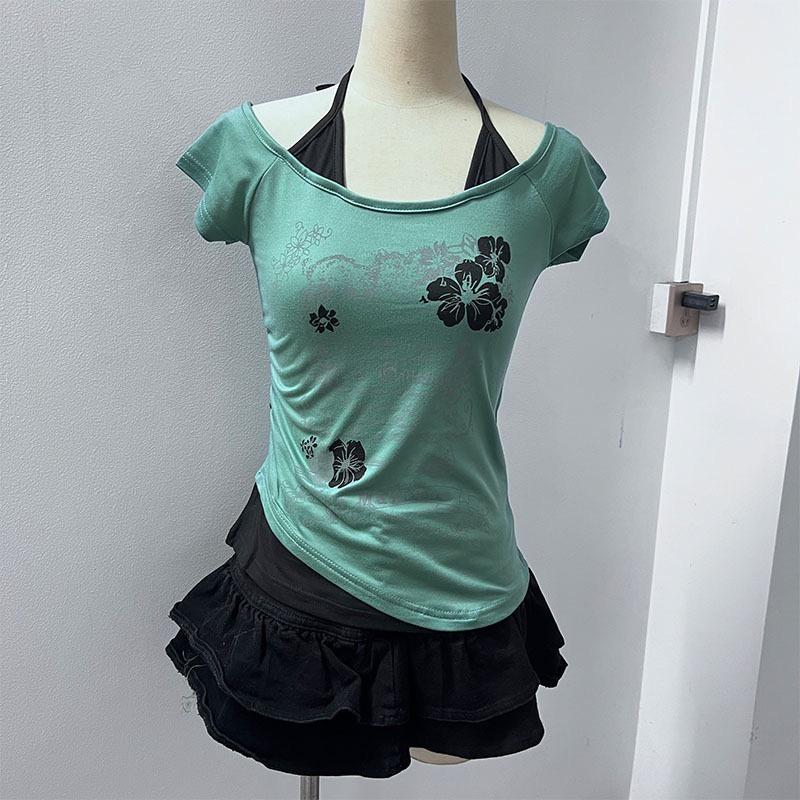 Camisetas de manga corta con cuello halter y cordones estilo vintage americano de TrendHub, estilo Y2K, ajustadas, estampadas, para mujer.