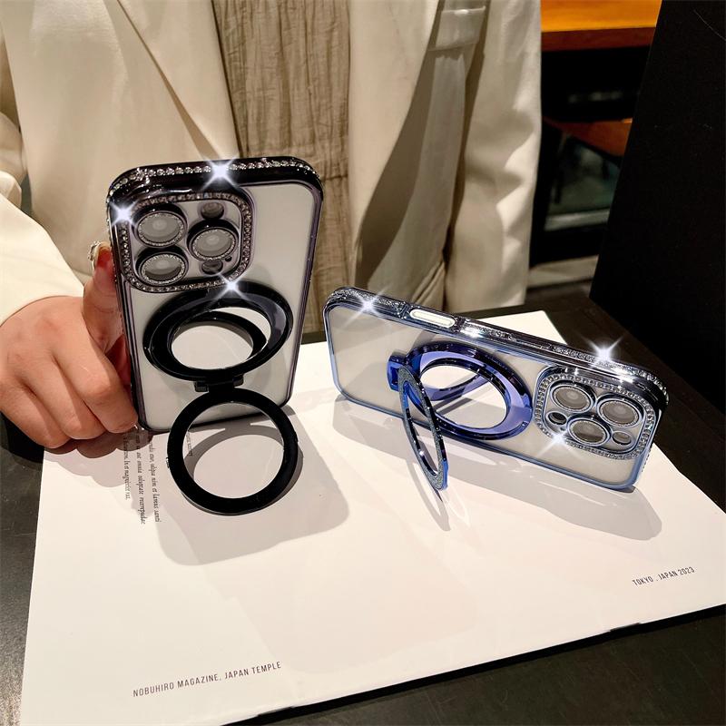 For iPhone 16 Pro Max Luxury Glitter Holder Stand Plating Frame Phone Case For iPhone 11 12 13 14 15 16 Plus Flash Diamond Cover