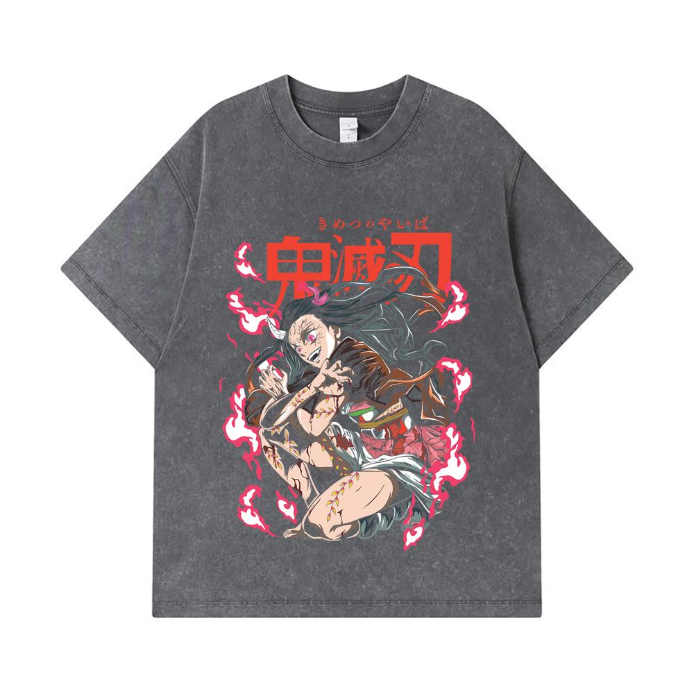 275 GSM Washed T-shirts 100% Cotton Demon Slayer V71 Nezuko Demon Print Unisex Heavy Cotton T Shirt