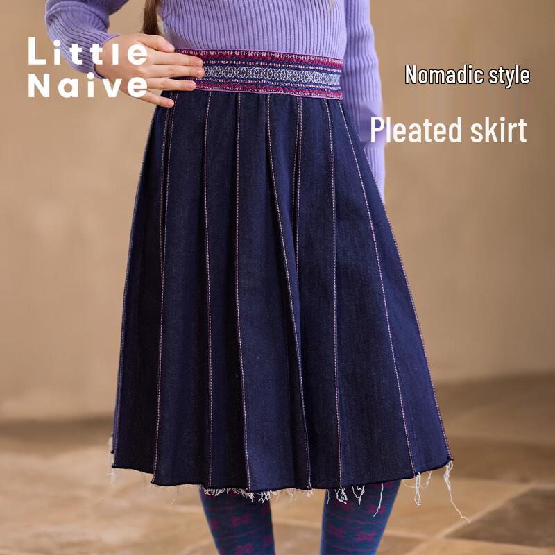 Little Naive Girls  Ethnic Denim Pleated Mid-Length Skirt 120