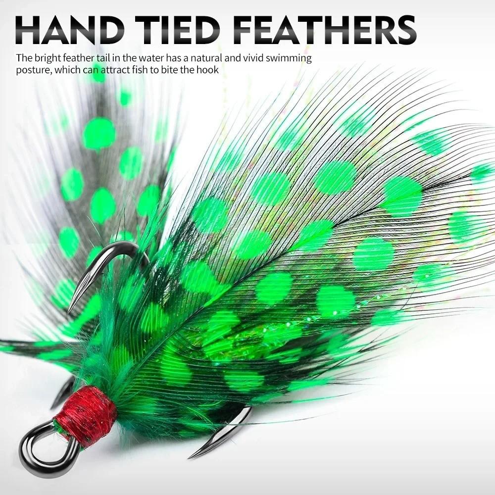 Größe 6#-10# Scharfe Drillinge mit Widerhaken Kohlenstoffstahlmaterial Feder-Jig Angelhaken Stärkedesign Federdekoration