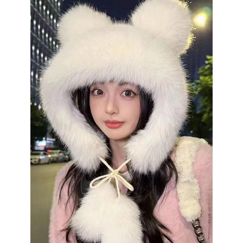 Ladies Cute Fluffy Tassel Ball Pom Pom Design Bucket Hat With Kitten Ears Lei Feng Hat, Warm Outdoor Casual Cute Hat