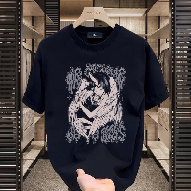 Women's Black Graphic Print T-shirt Avant-garde Skull Corner Design American Classic Retro Anime Girl Street Short Sleeve Couple