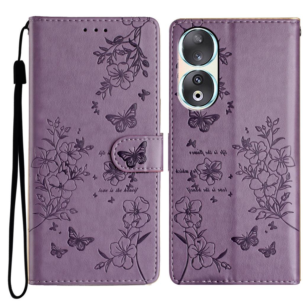 For Honor 90 Phone Case Butterfly Floral Imprint Leather Flip Cover with Stand