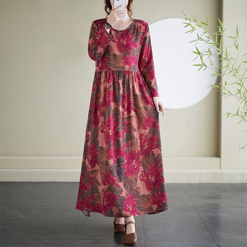 Dress A Variety of Color Holiday Style Travel Round Neck Vintage Flesh-covered Cotton Hemp Long Dress