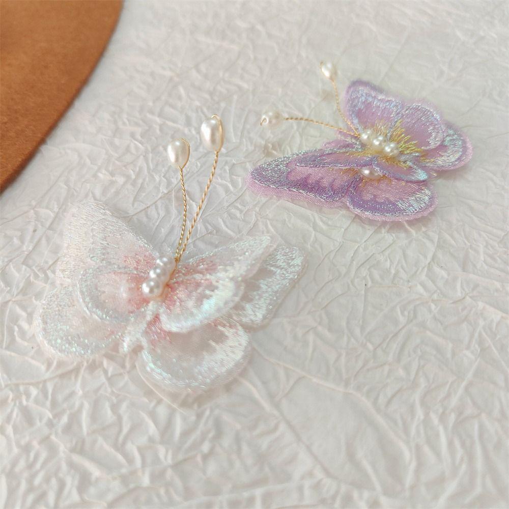 10Pcs 3D Mesh Pearl Butterfly Appliques Double-layer Chinese Style Butterfly Embroidered Patches Cloth