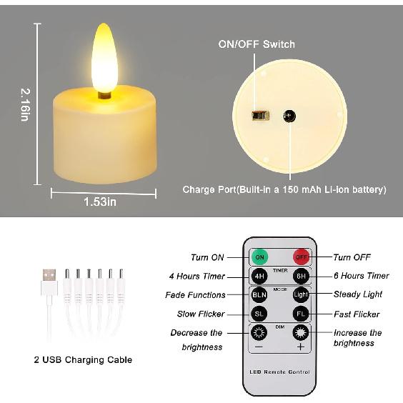 USB Rechargeable 3D Wicks Tealights Candle Flameless Flickering Battery Operated with Remote Control & Timer Realistic Led Tea Lights for Halloween