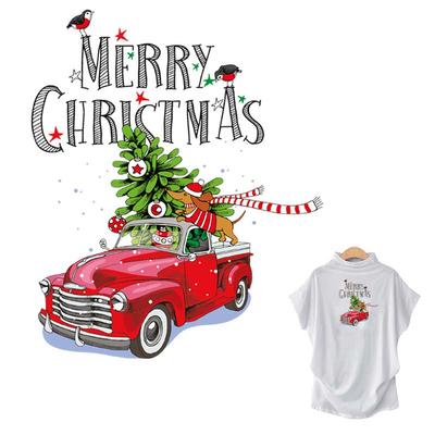 Aplicações para roupas natal carro com árvores camiseta jeans decoração nova transferência lavável diy transferências para roupas