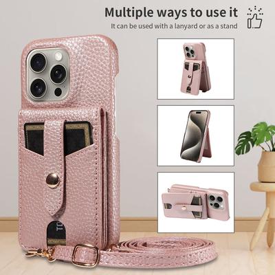 Faux Leather Phone Case for IPhone16 15 14 13 12 11 Pro Max Mini XS 7 8 With Cosmetic Mirror, Lanyard, Card Slot, Stand Function