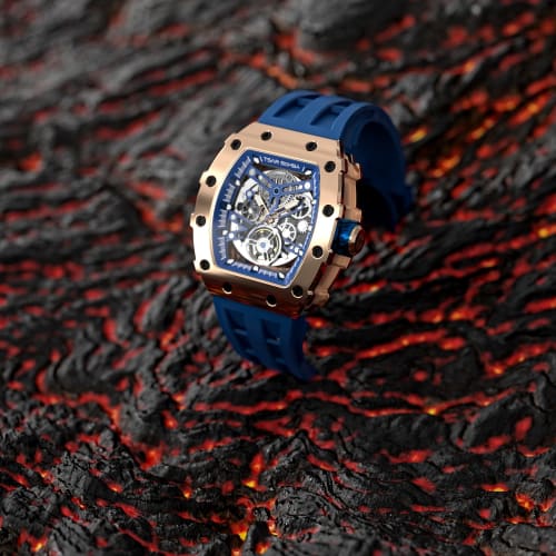 TSAR BOMBA Men's Skeleton Automatic Mechanical Watch with Analog Skeleton Movement, 5 ATM Water Resistance, Silicone Strap, Large Barrel Dial, Steel C