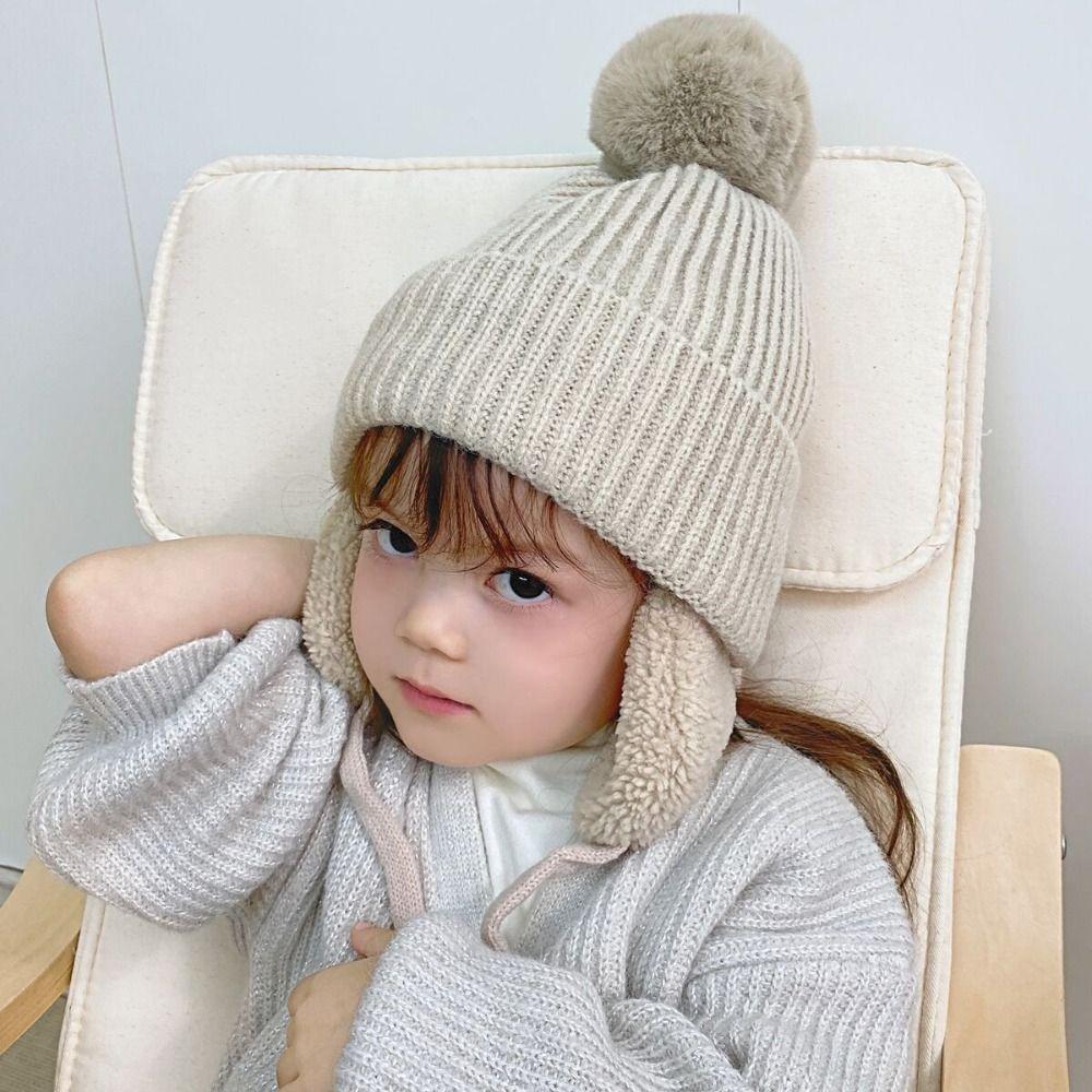 Ear Protection Pompom Beanie with Earflap Plush Wool Cap All-match Children Knitted Hat  Boy