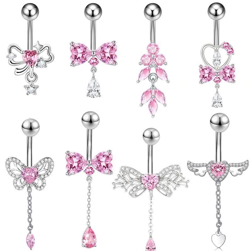 Pink Zircon Butterfly Heart Belly Button Ring For Women Stainless Steel  Flower Tassel Navel Ring Body Piercing Jewelry