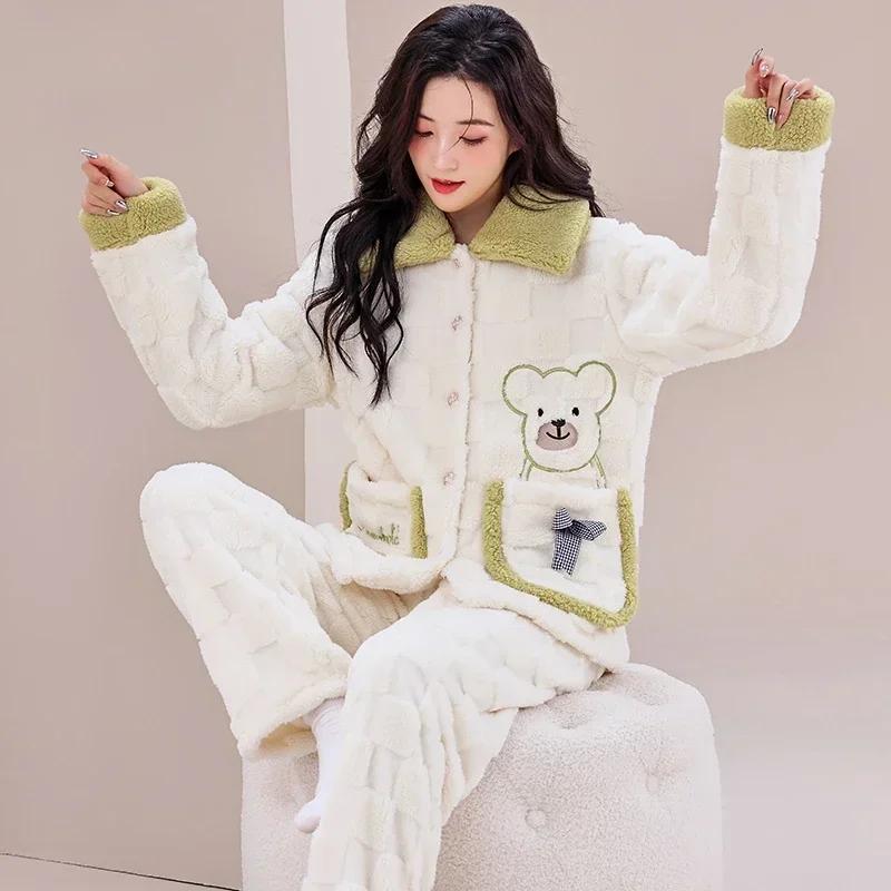 Winter Long Sleeve Thick Warm Flannel Pajama Sets for Women Coral Velvet Cardigan Sleepwear Suit Pyjamas Homewear Luxury Clothes