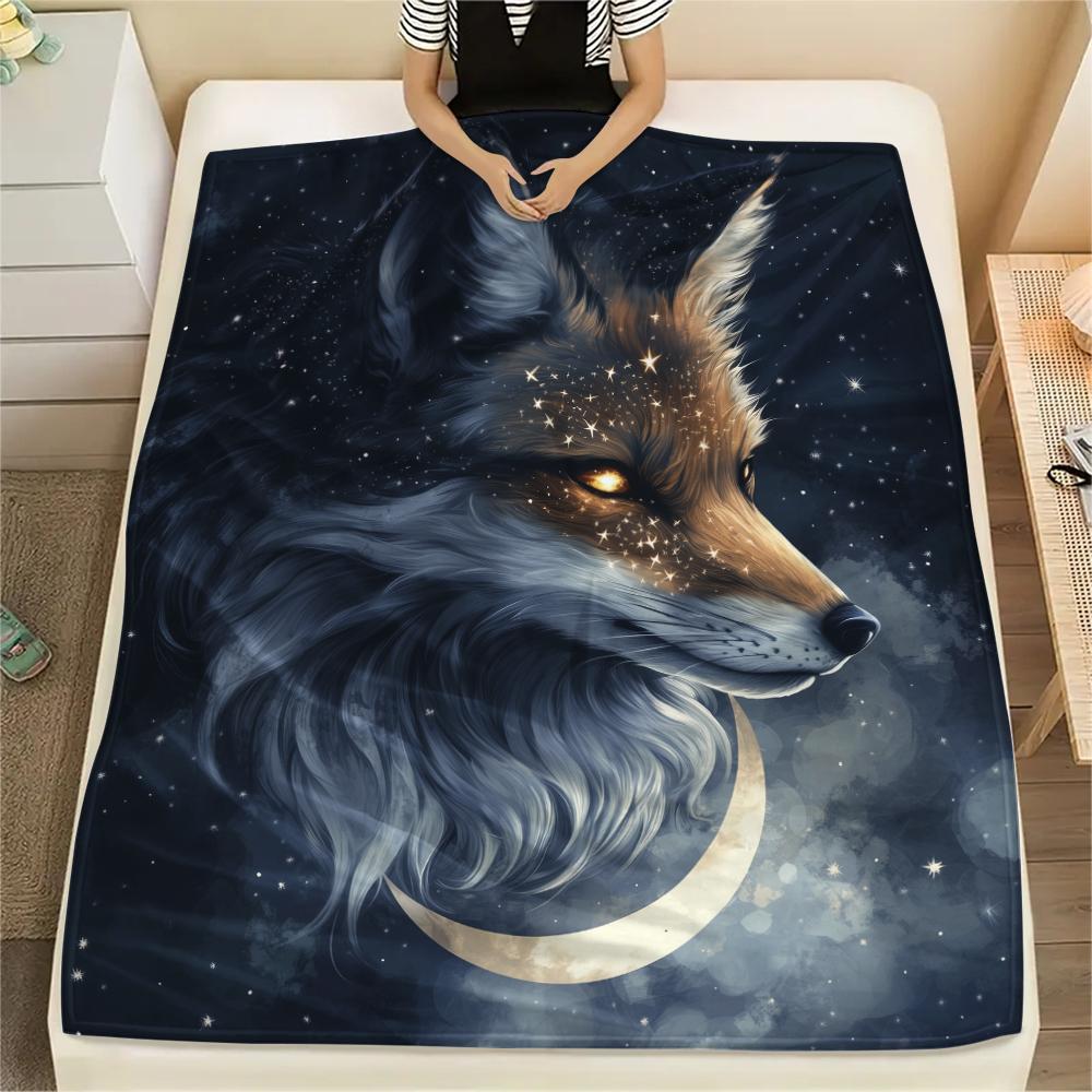 Fox and Moon pattern Flannel Blanket, High quality Comfortable for All Seasons, Home Decor, Warmth and Comfort, Perfect for Gifts.