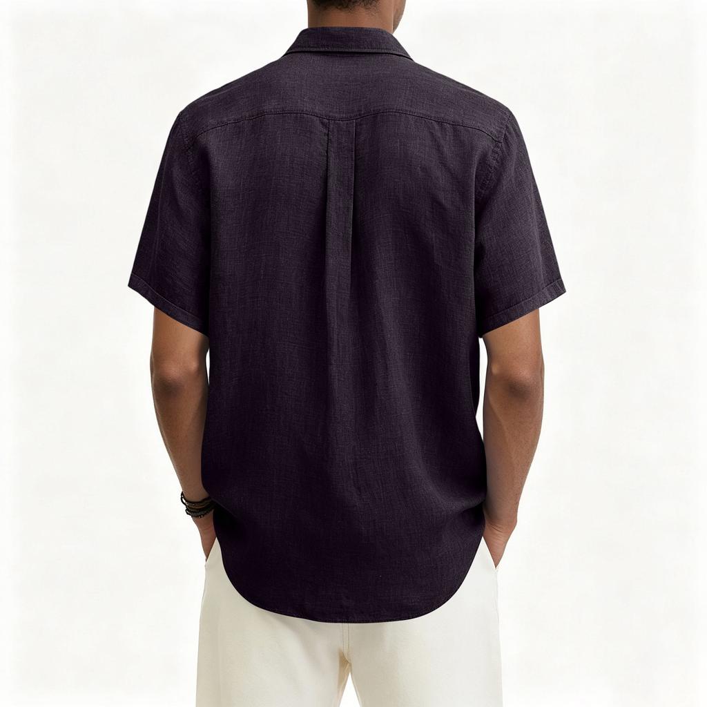 Men's Short Sleeve Button Down Shirt Lightweight Linen Blend Casual Loose Fit Summer Top with V Neck Collar
