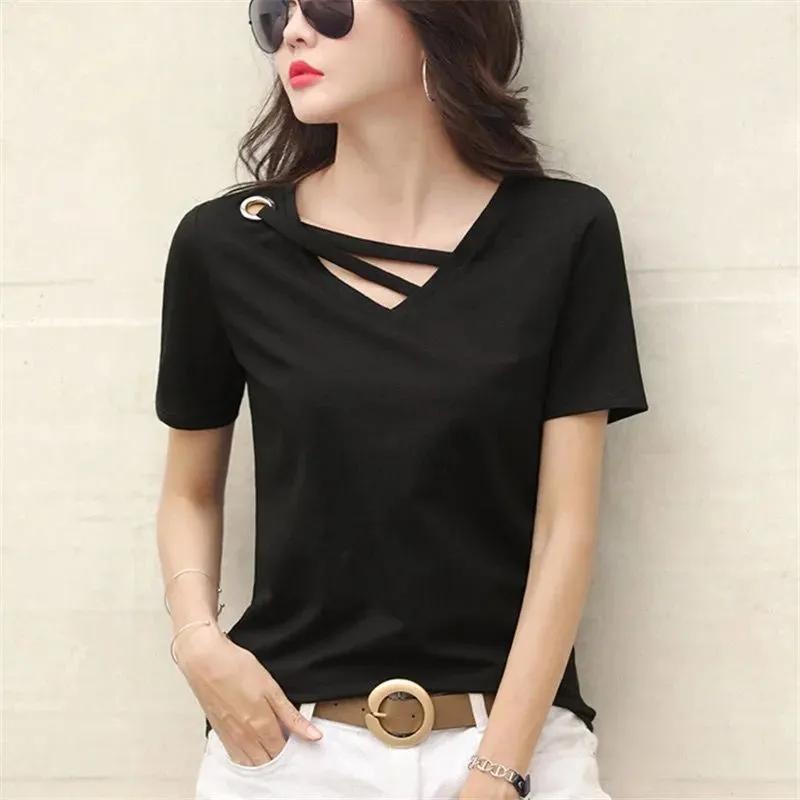 Hollow Chest Bowknot Sweet Korean Version of Slim Cotton Short-sleeved Women's T-shirt Fashion One-shoulder Half-sleeved Top