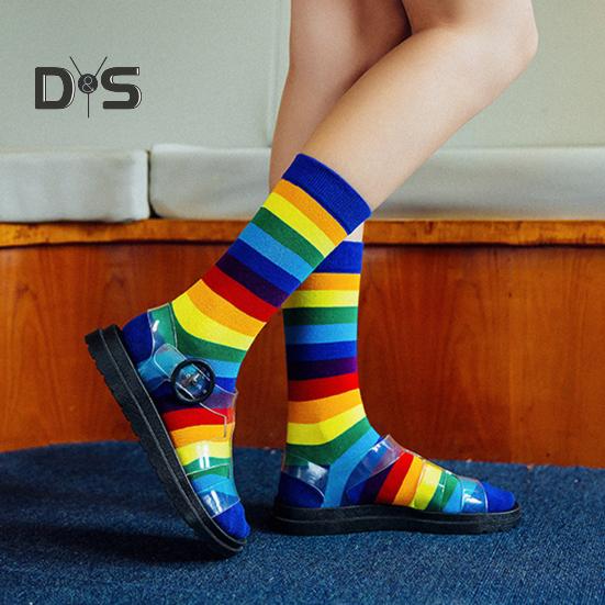 6 Paar Unisex-Wintersocken, bunte Regenbogenstreifen, Mittelrohr, hohe Elastizität, halten warm, rutschfest, dicke Paarsocken, lässige Sportsocken