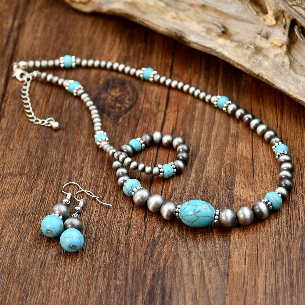 2PCS Vintage Round Beads Inlaid Turquoise Necklace Earring Set Women's Fashionable Personalized Handmade Zircon