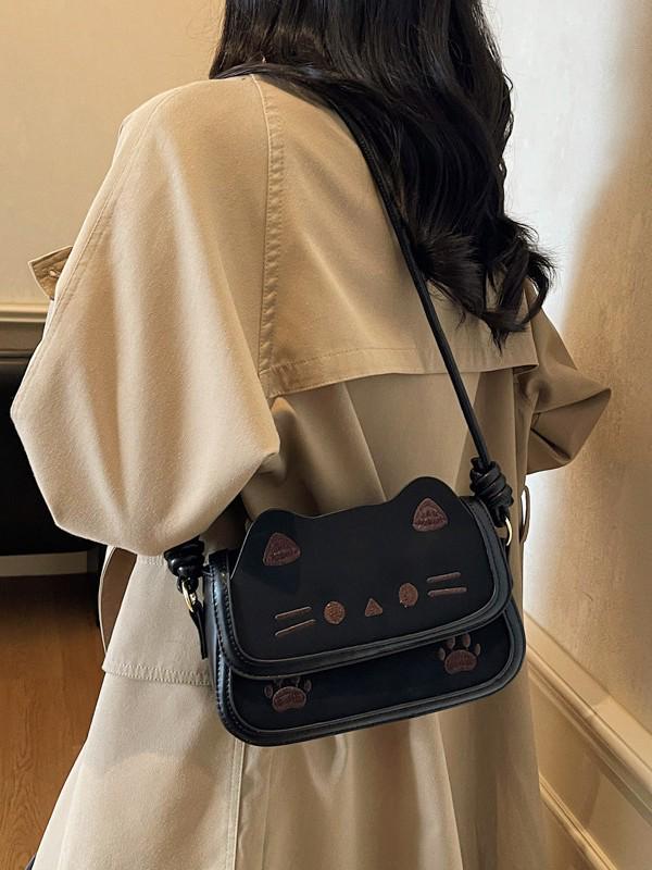 Korean Style Cartoon Kitten Crossbody Bag - Cute Retro Matte Shoulder Bag for Girls and Students