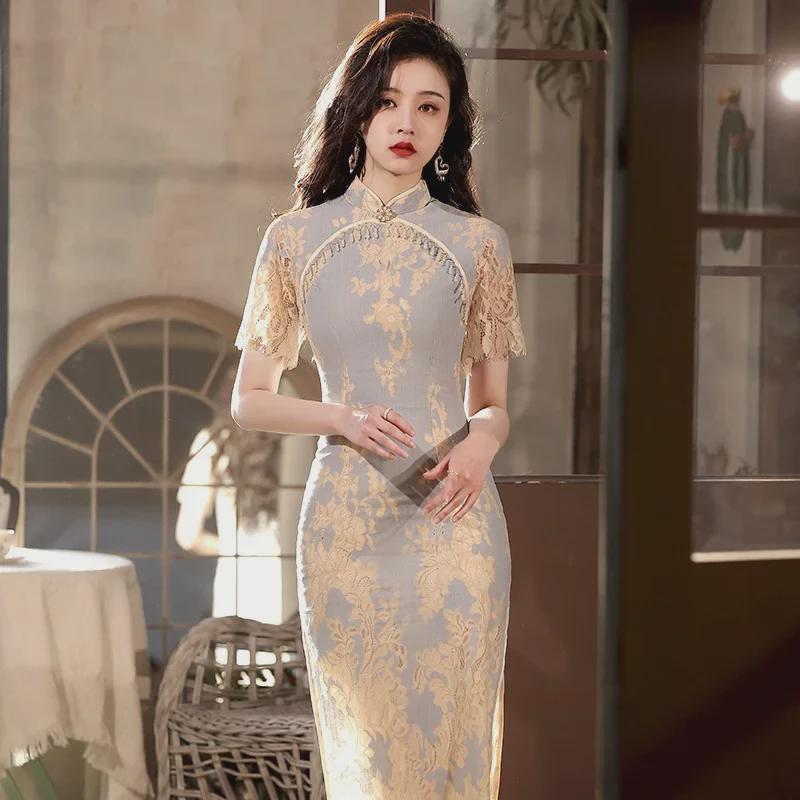 Podzimní retro cheongsam s dlouhou krajkou ve stylu Čínské republiky pro ženy - Šaty pro každodenní nošení