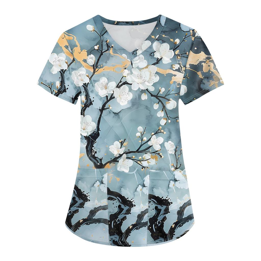 Damesmode werkkleding met V-hals, korte mouwen en bedrukte zakken