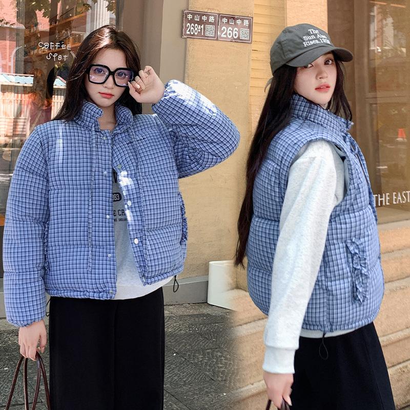 Blue plaid stand-up collar warm short down cotton-padded jacket for women's 2025 winter loose and thickened plaid cotton-padded jacket