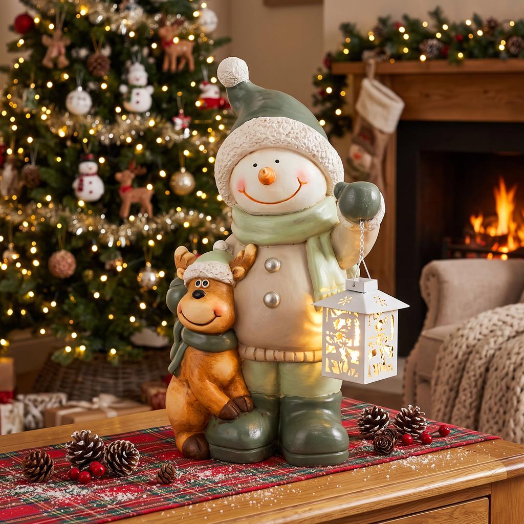 Snowman Figure 43 cm made of MGO with LED Lantern and Timer, for Entryway & Doorway Area
