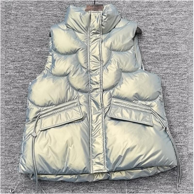 Autumn Winter Women`s Down Cotton Vest Fashion Stand Collar Bright Sleeveless Padded Coat Casual Trend Women Vest Jacket