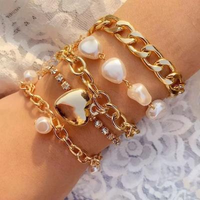 Europe, America, Special-shaped Imitation Pearl Retro Baroque Bracelet, Femininity Slightly Inlaid Love Set Bracelet