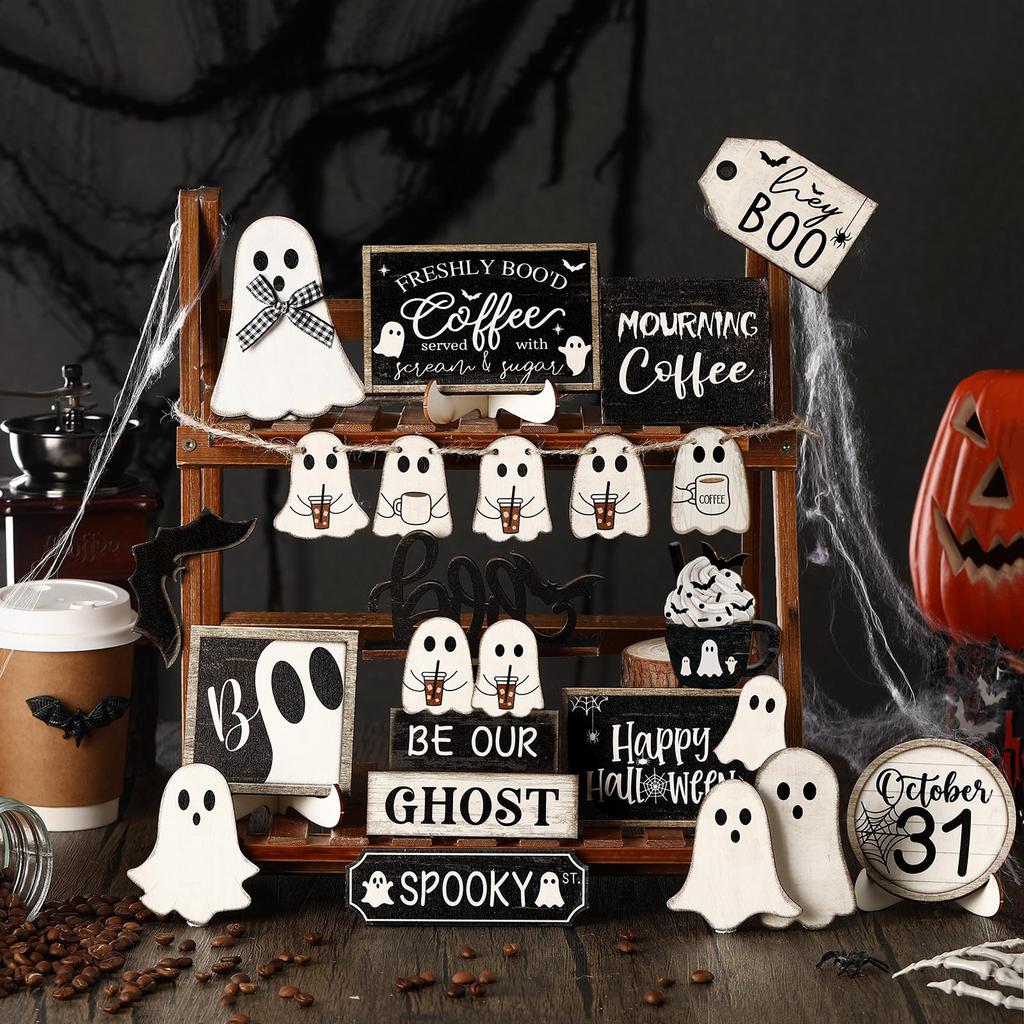 Halloween Party Decorations Set 20Pcs Wooden Pumpkin Tabletop Decor Ghost Happy Halloween Sign Tiered Tray Decor for Home