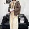 Winter Hooded Puffer Coat Men Women Faux Fur Trim Loose Fit PU Leather Warm Casual Jacket