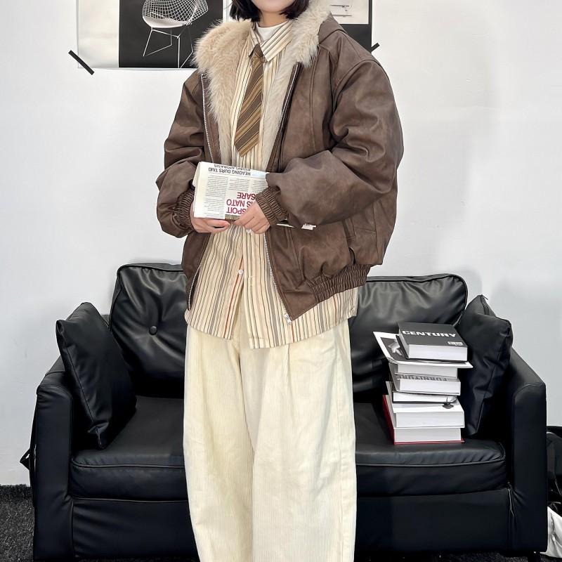Winter Hooded Puffer Coat Men Women Faux Fur Trim Loose Fit PU Leather Warm Casual Jacket