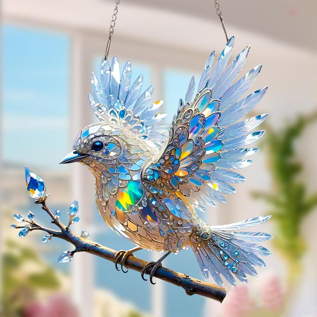 Crystal Bluebird Stained Art Ornament 2D Acrylic Sun Catcher Hummingbird for Outdoor Garden Yard Living Room Window Decoration