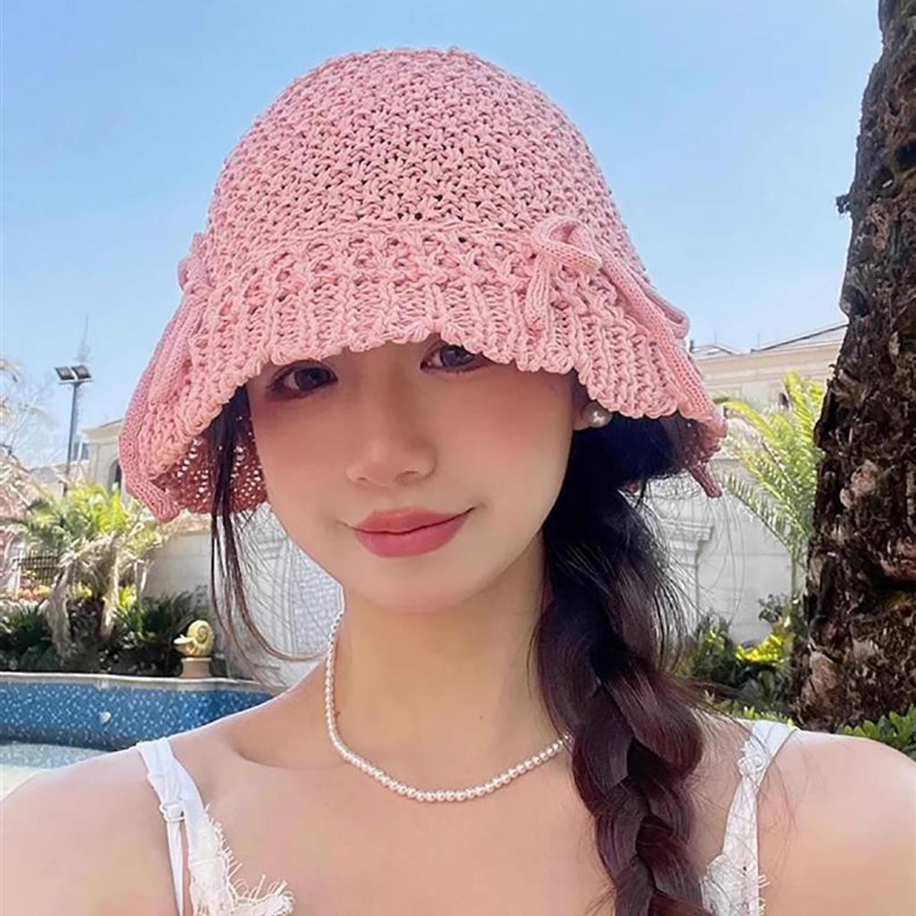 Women Summer Knitted Breathable Bucket Hat Sweet Bow Hollow Out Sun Protection Fishermen Cap Y2K Korean Girl Visors Hats