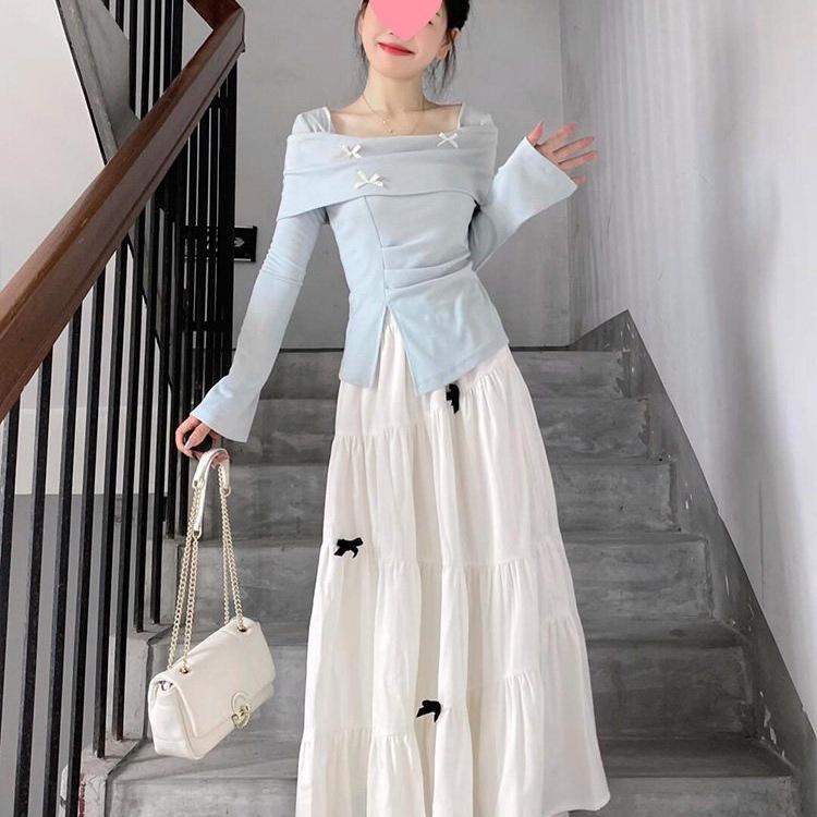 

Pair with early autumn outfits: a street-style milk-fufu blue off-shoulder top and midi skirt set for a gentle look. Extra Large