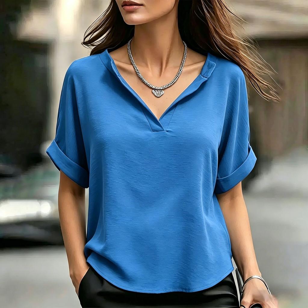 Women V Neck Short Sleeve Loose Fit T Shirt Casual Basic Lightweight Blouse with Rolled Cuffs for Daily Wear Work Travel