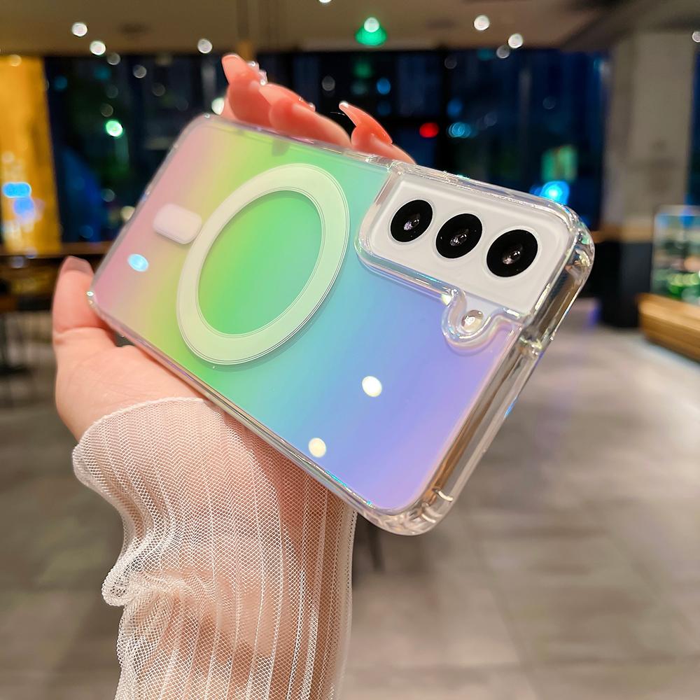 Wireless Charge Case for Samsung Galaxy S23 S22 Ultra Plus Cover Laser Gradient Rainbow Magnetic Cover MagSafe Soft Clear Fundas