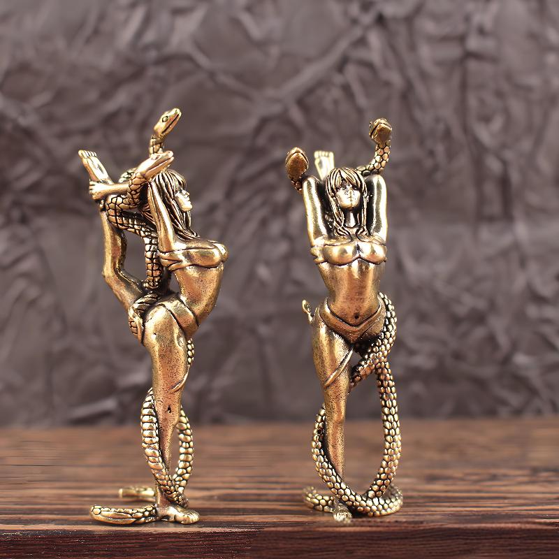 Solid Brass Women And Snake Furniture Ornaments Living Room Desk Tea Pet Brass Crafts Bronze Miniatures Decoration