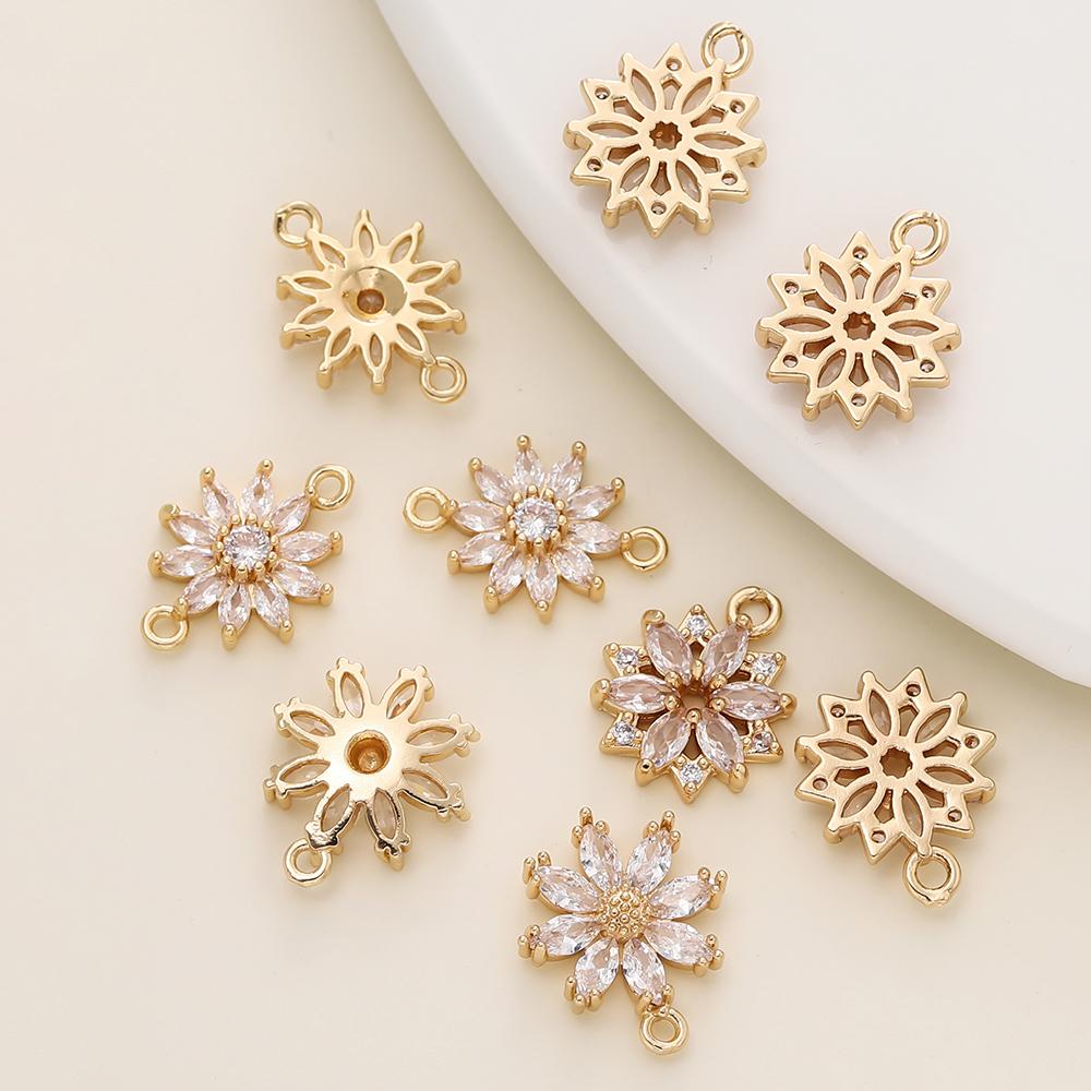 4/6Pcs 18K Gold Color Plated Brass Zircon Flower Shape Pendants for DIY Women Jewelry Making Necklace Earrings Accessories