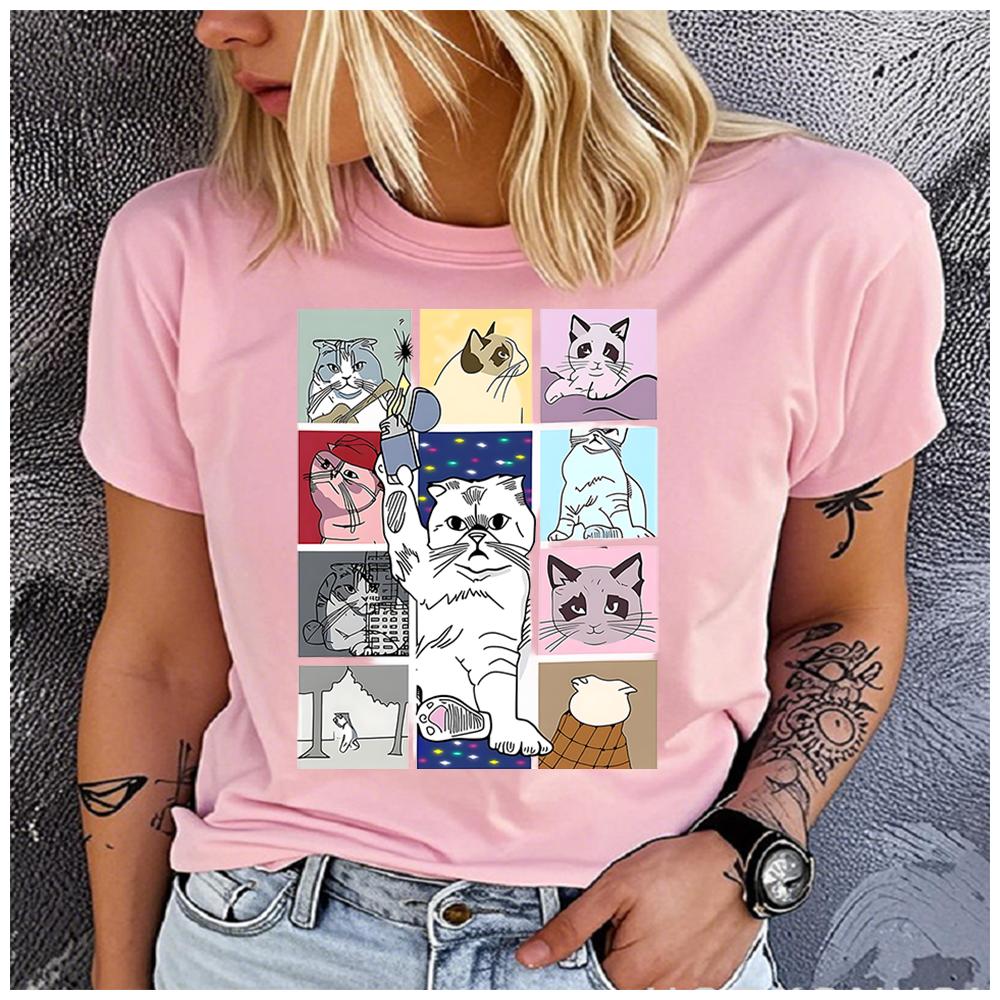 men and Women's Polyester 100%Cat gathering Print T-shirt Loose round Neck Casual Short Sleeve Fashion Top Clothing Summer