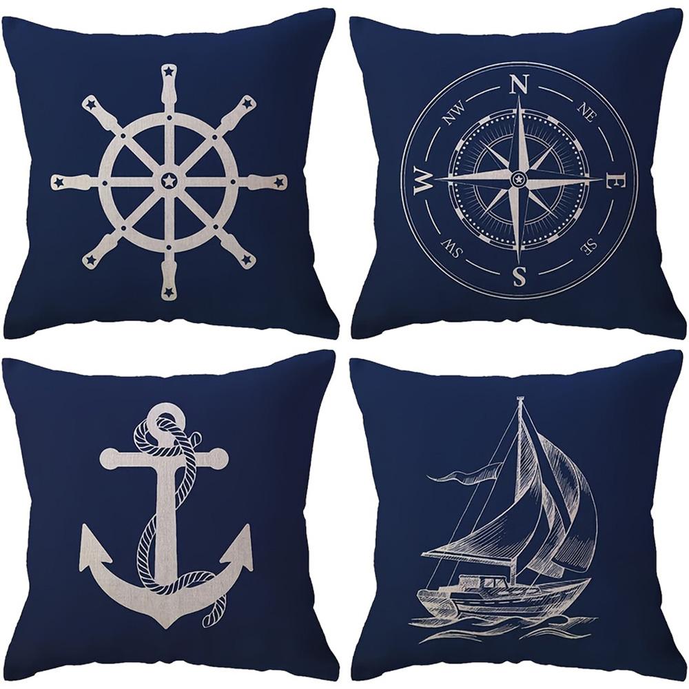 1/4 Stück Marineblaue Kissenbezüge mit Meeresmotiv und Designs von Steuerrad, Kompass, Anker und Segelboot Sofakissenbezug Heimdekoration