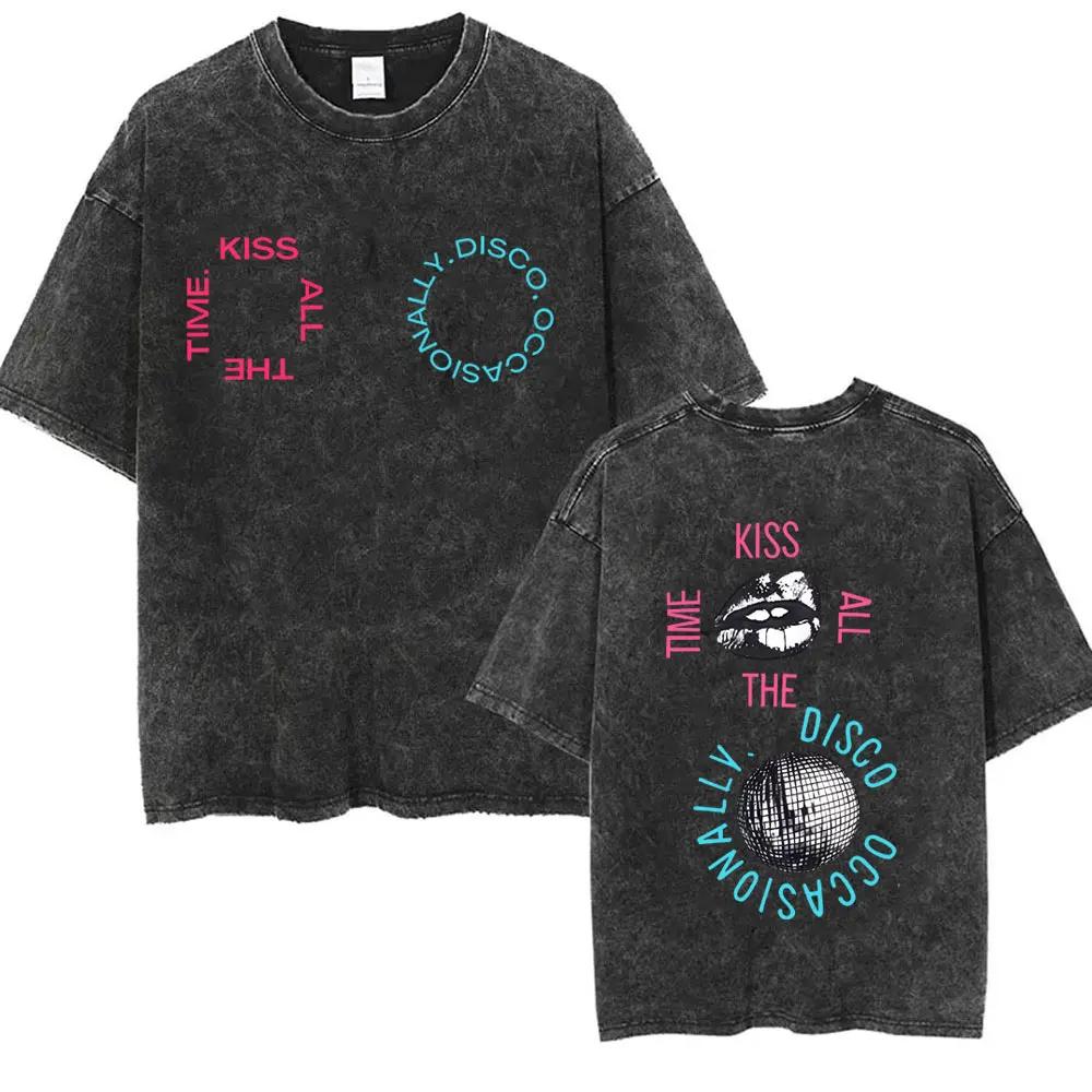 Kiss All The Time Disco Occasionally Washed Tshirt Unisex Women Hip Hop Fashion Oversized Streetwear Unisex Vintage Casual Tshirt